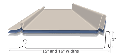Cross-section illustration of metal roofing panel in beige, with dimensions labeled, 1