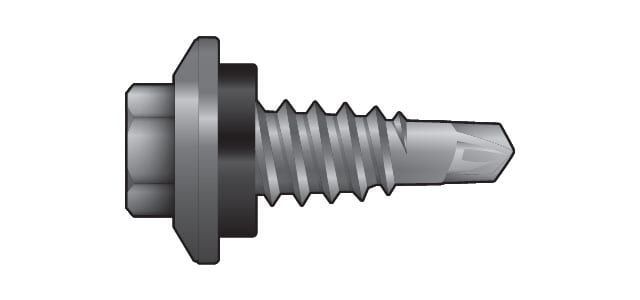 Self-drilling screw with a hex head and a rubber washer.