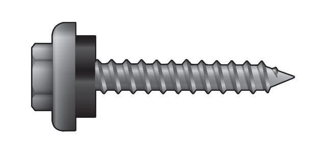 A grey screw with a hexagonal head.