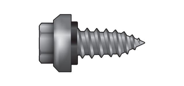A gray metal screw with a hexagonal head and a sharp tip.