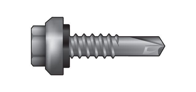A self-drilling screw with a hexagonal head.