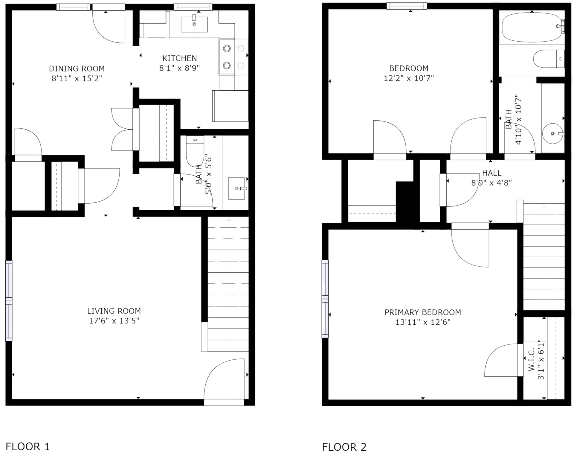 Side-by-side black-and-white floor plans labeled Floor 1 and Floor 2, showing rooms and stairs.