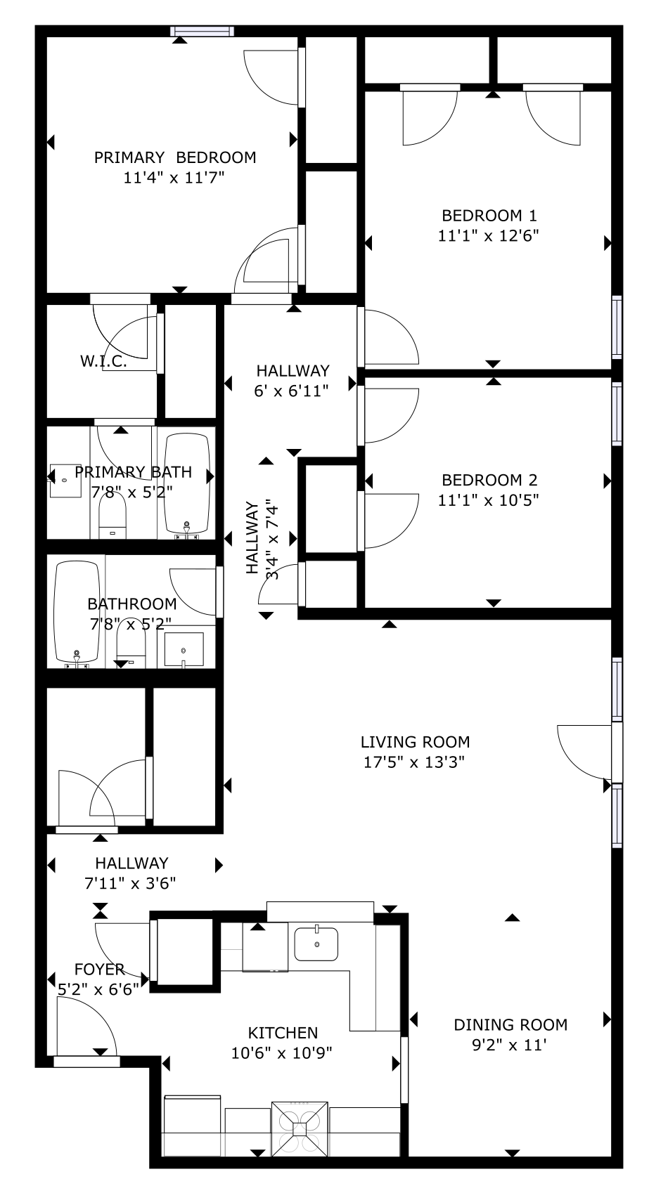 Floor plan of an apartment with labeled rooms, including bedrooms, living area, kitchen, and bathrooms.