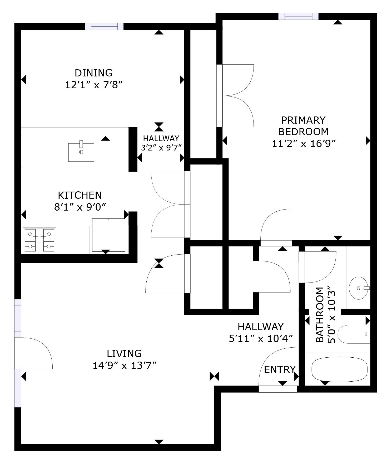 Black-and-white apartment floor plan with living, dining, kitchen, primary bedroom, hallway, bathroom and closets.