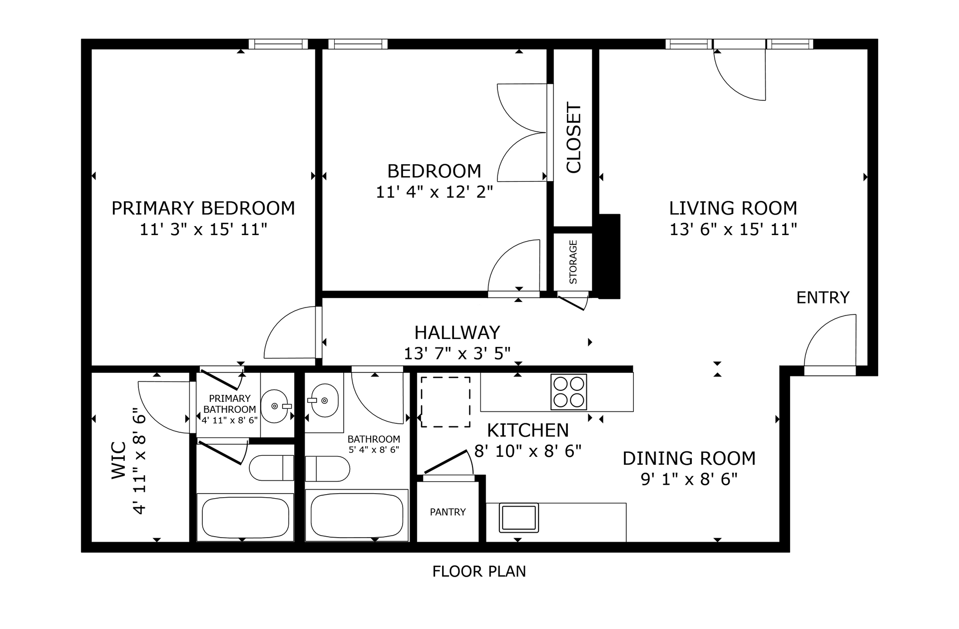 Black-and-white floor plan of a home with primary bedroom, bedroom, living room, kitchen, dining room, and hallway.