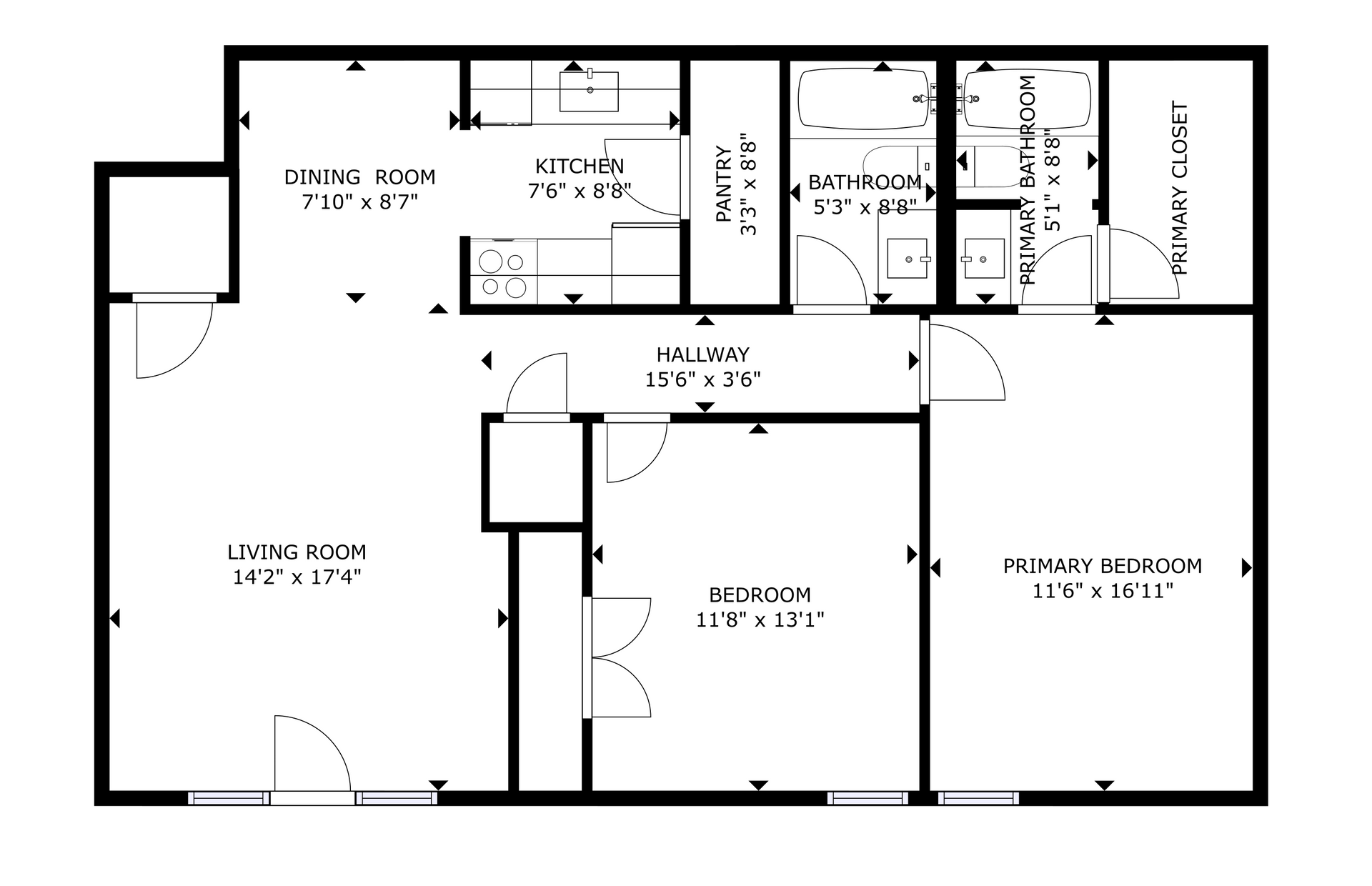 Black-and-white floor plan of a small house with labeled rooms, hallways, and doors.