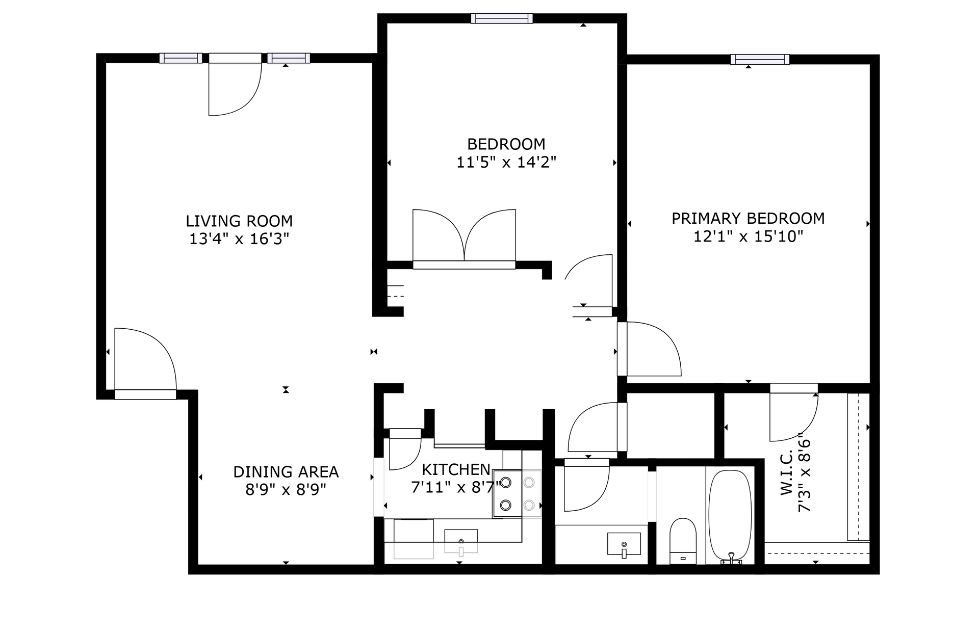 Black-and-white apartment floor plan with labeled rooms and bathrooms