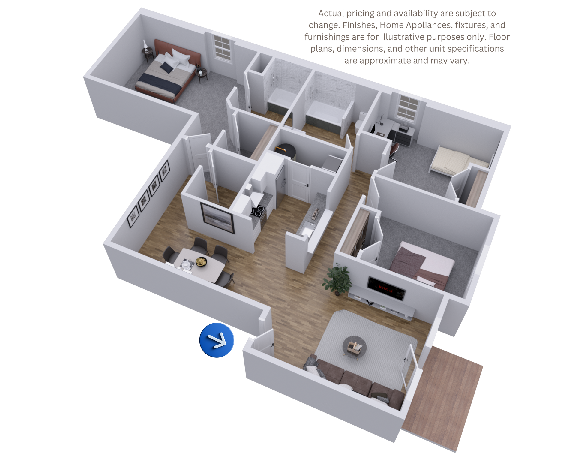 3D floor plan of a modern apartment with bedrooms, kitchen, bathroom, living area, and balcony