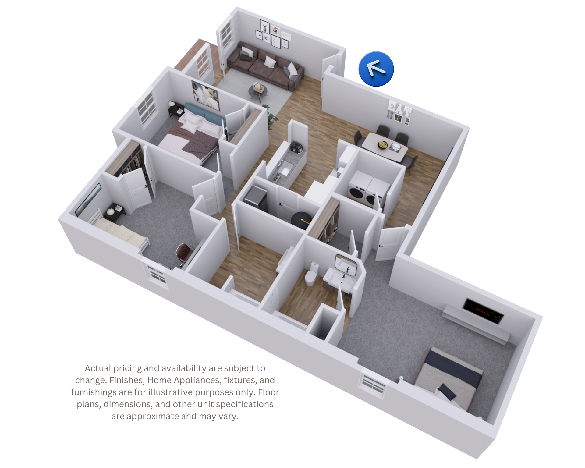3D floor plan of a small apartment with labeled rooms and a central living area