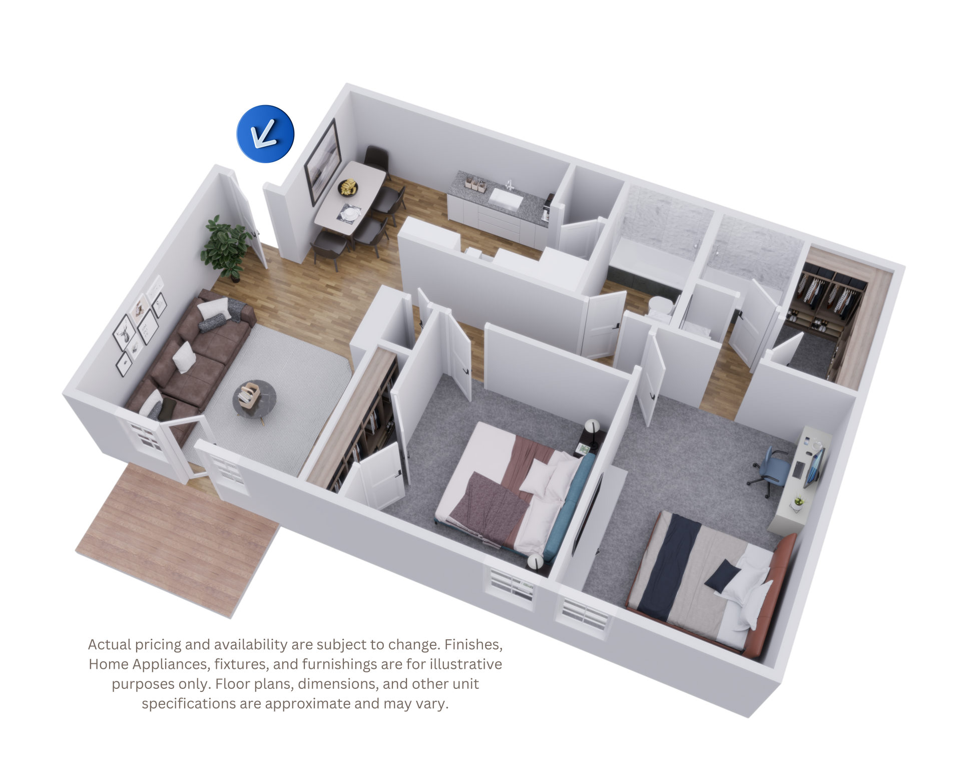 3D floor plan of a modern apartment with living room, kitchen, bedroom, bathroom, and balcony.