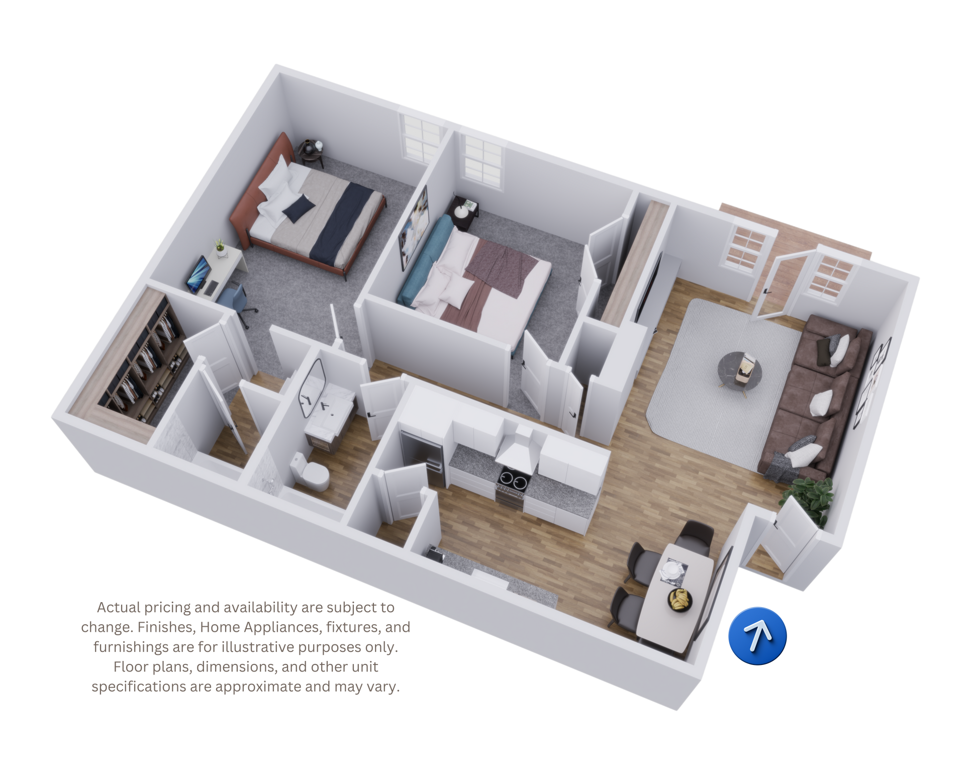 3D apartment floor plan with two bedrooms, kitchen, bathroom, and living area in neutral tones