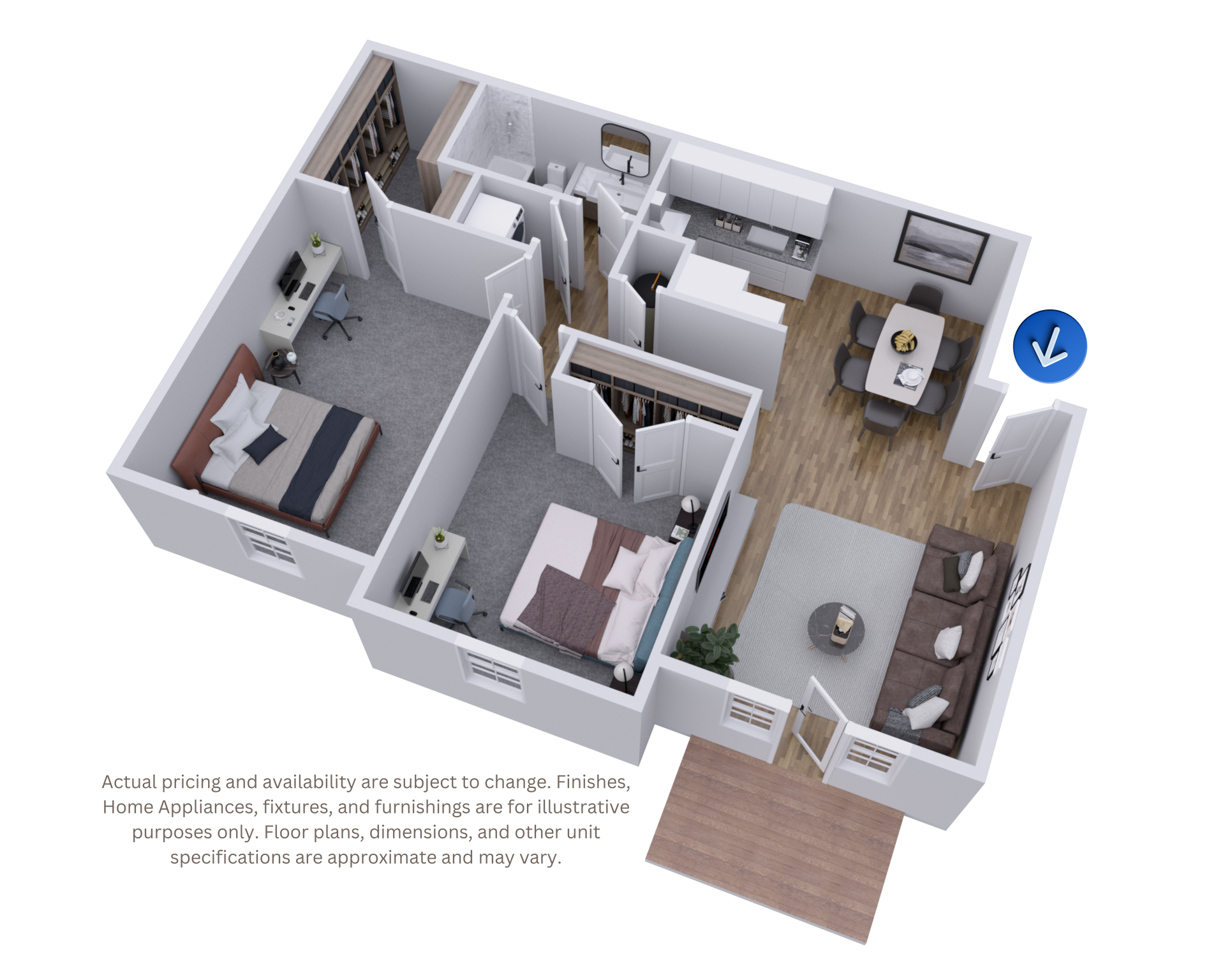 3D floor plan of a modern apartment with living room, kitchen, bedroom, bath, and balcony.