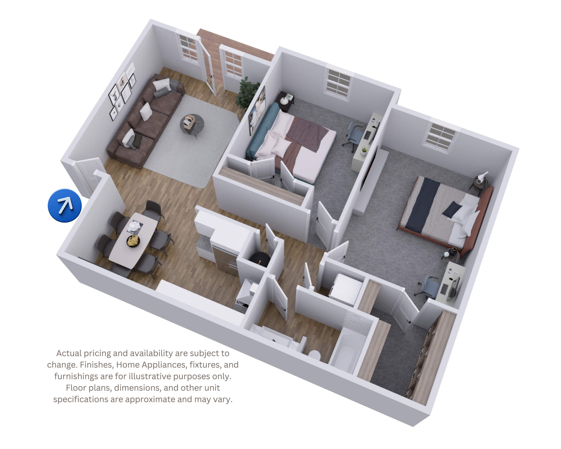 3D floor plan of a small apartment with living room, kitchen, bedroom, and bathroom