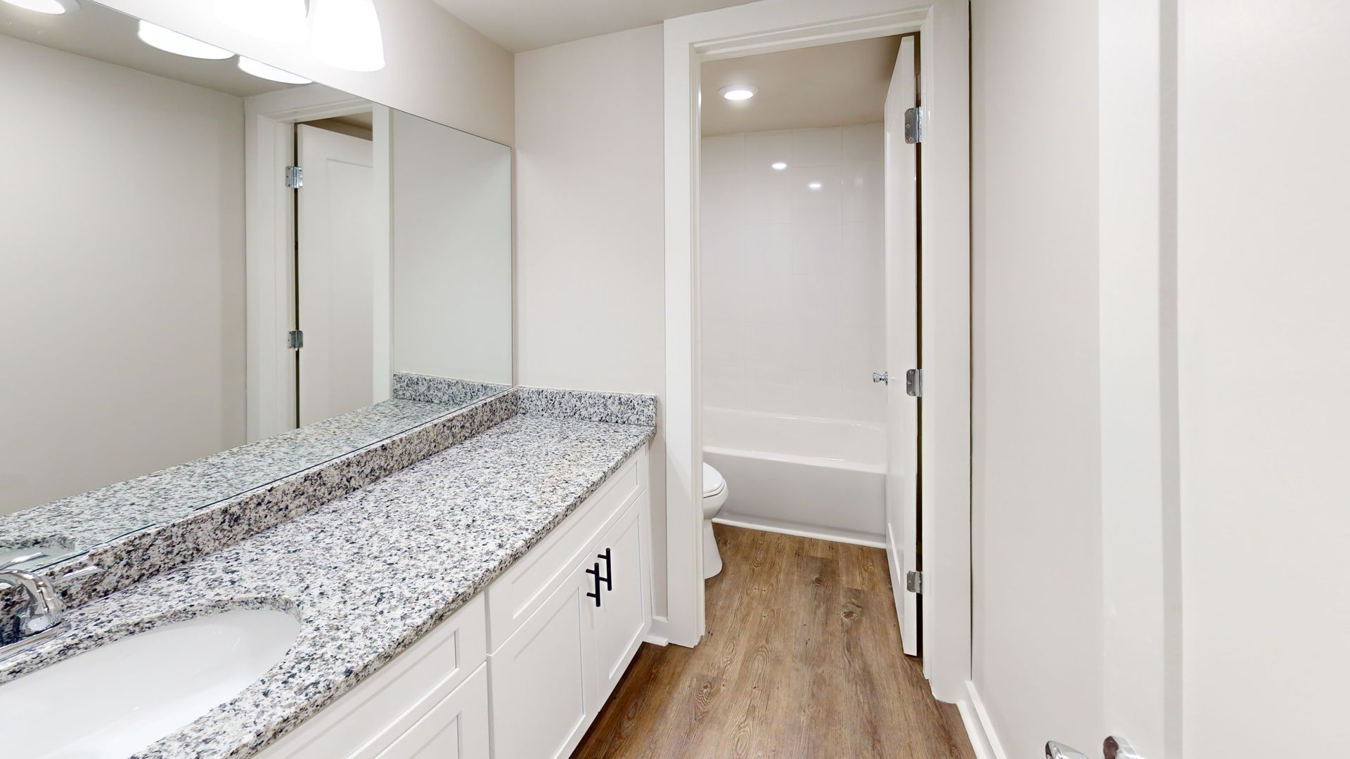 Bright bathroom vanity with granite countertop, large mirror, and doorway to a shower area with wood-look flooring