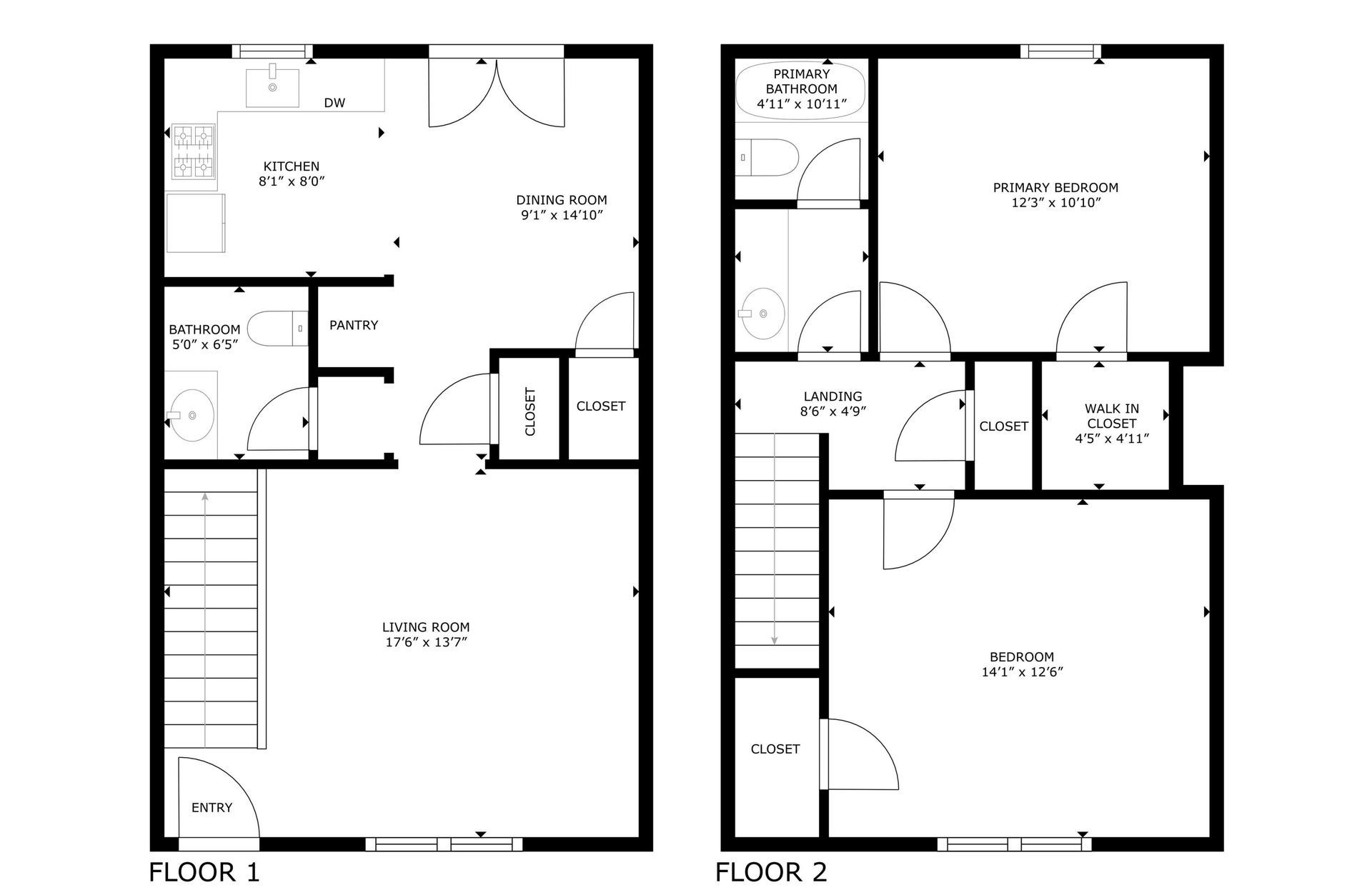 Two black-and-white floor plan diagrams labeled Floor 1 and Floor 2