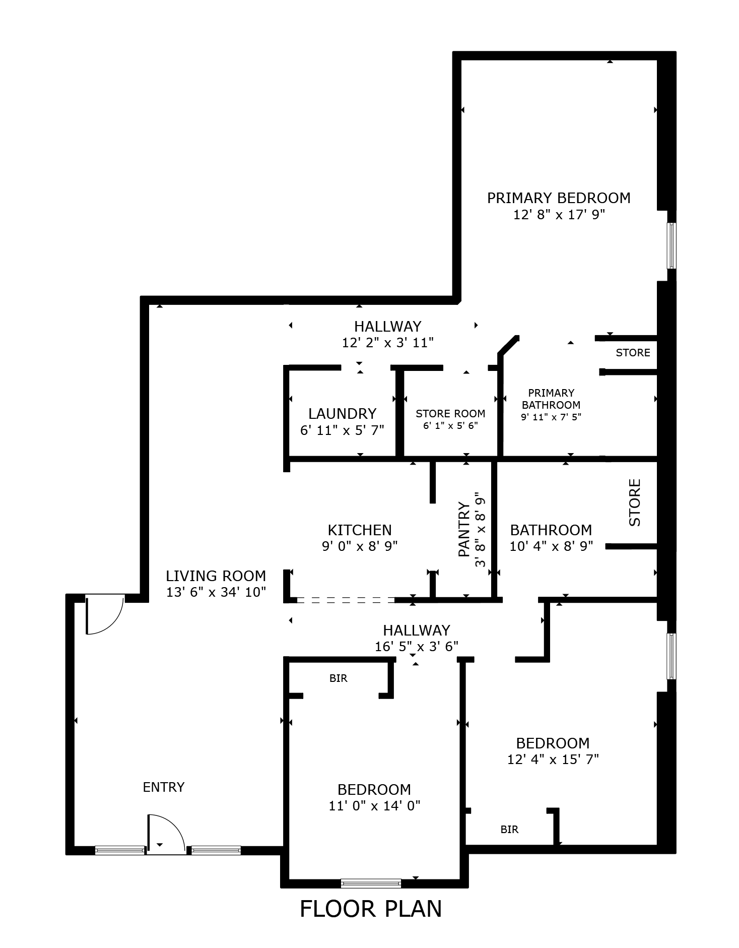 Black-and-white floor plan of a house with labeled rooms and doors