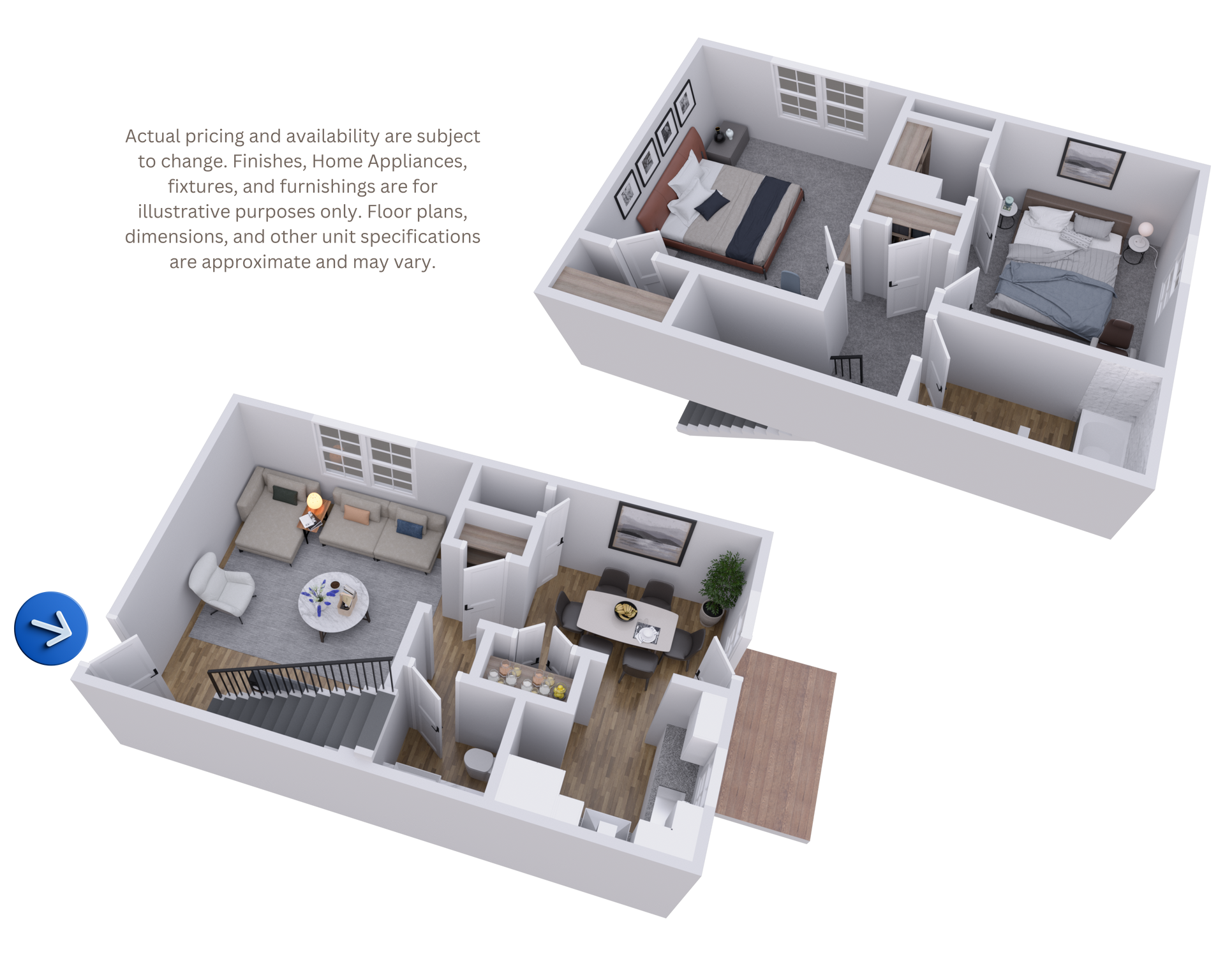 Two 3D floor plan renderings of a small apartment with bedroom, kitchen, bath, and living area