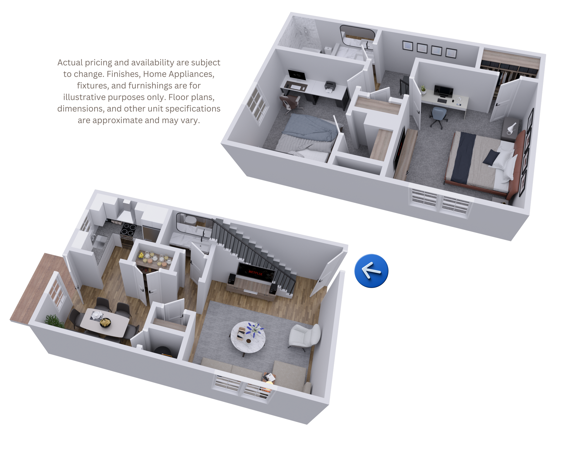 Two 3D apartment floor plan renderings showing furnished rooms in white and gray tones