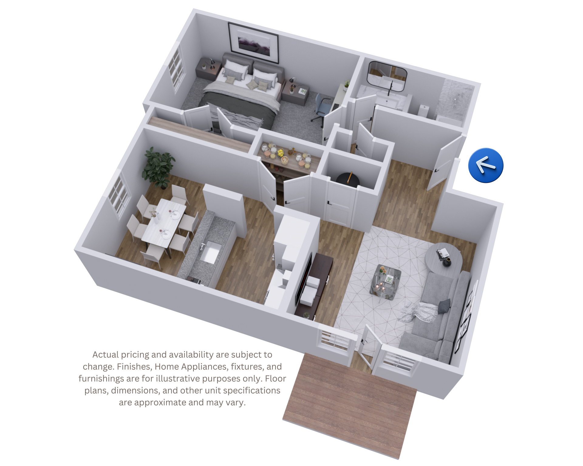 3D floor plan of a small apartment with living, dining, kitchen, bedroom, and bathroom areas