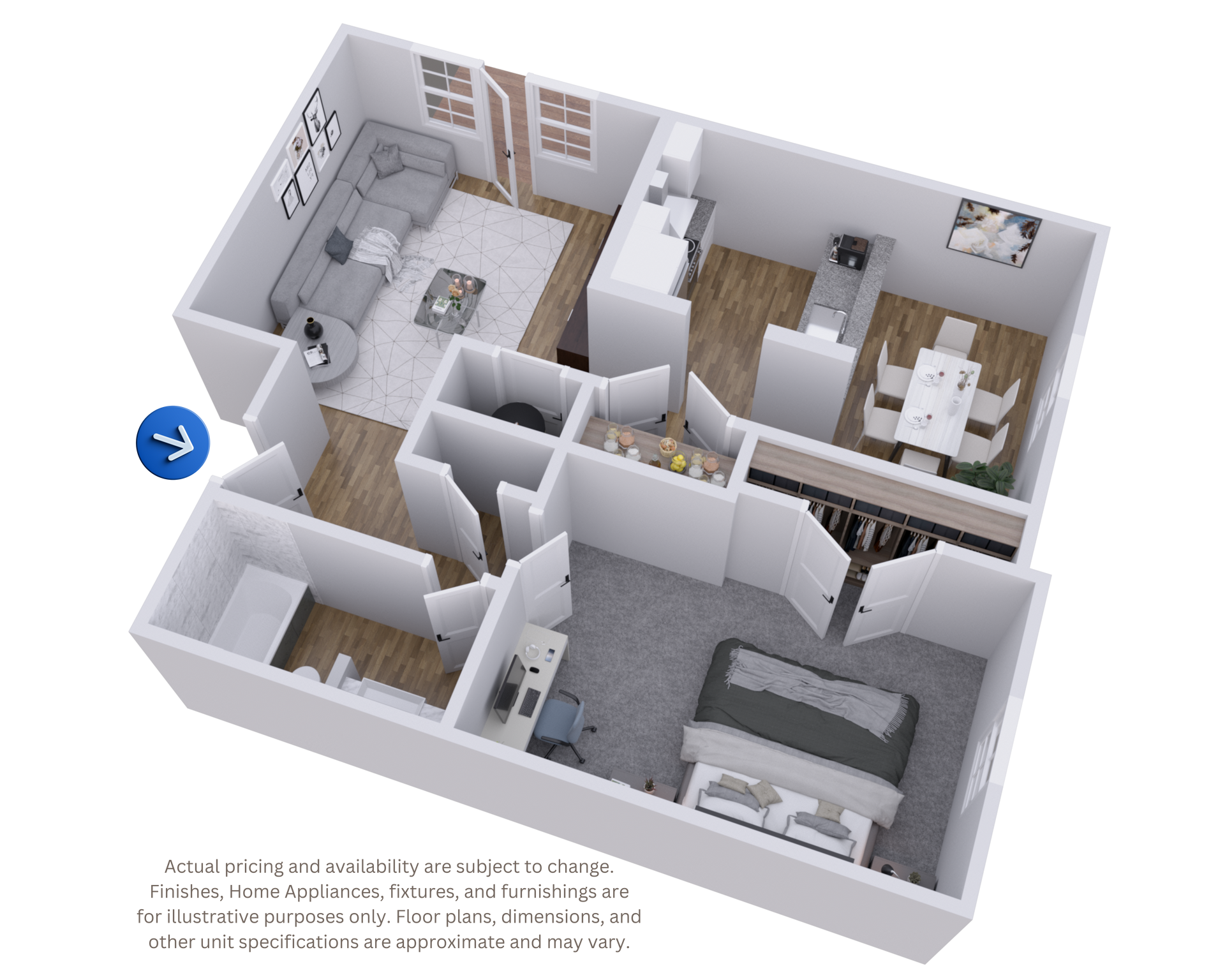 3D floor plan of a modern apartment with bedroom, bathroom, kitchen, and living areas