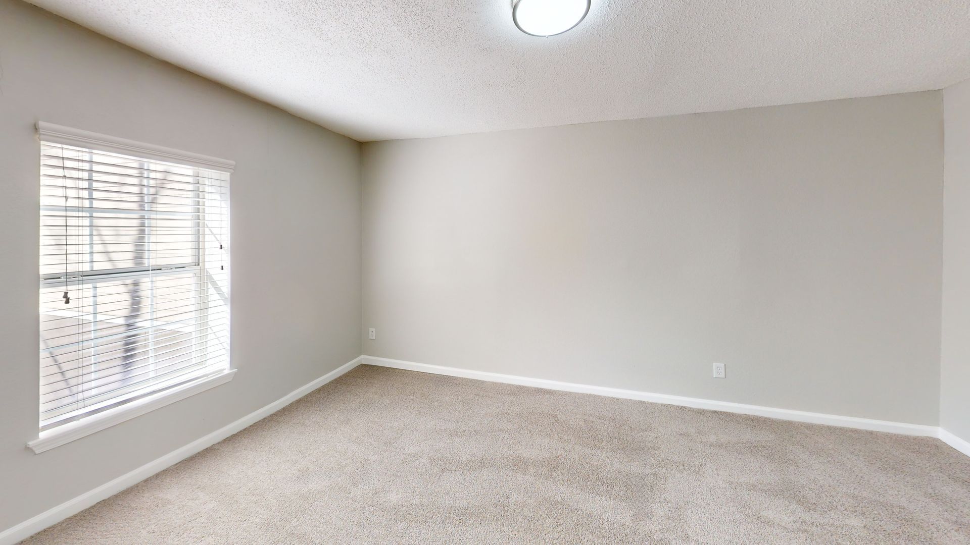 Empty beige bedroom with carpet, window blinds, and a ceiling light.