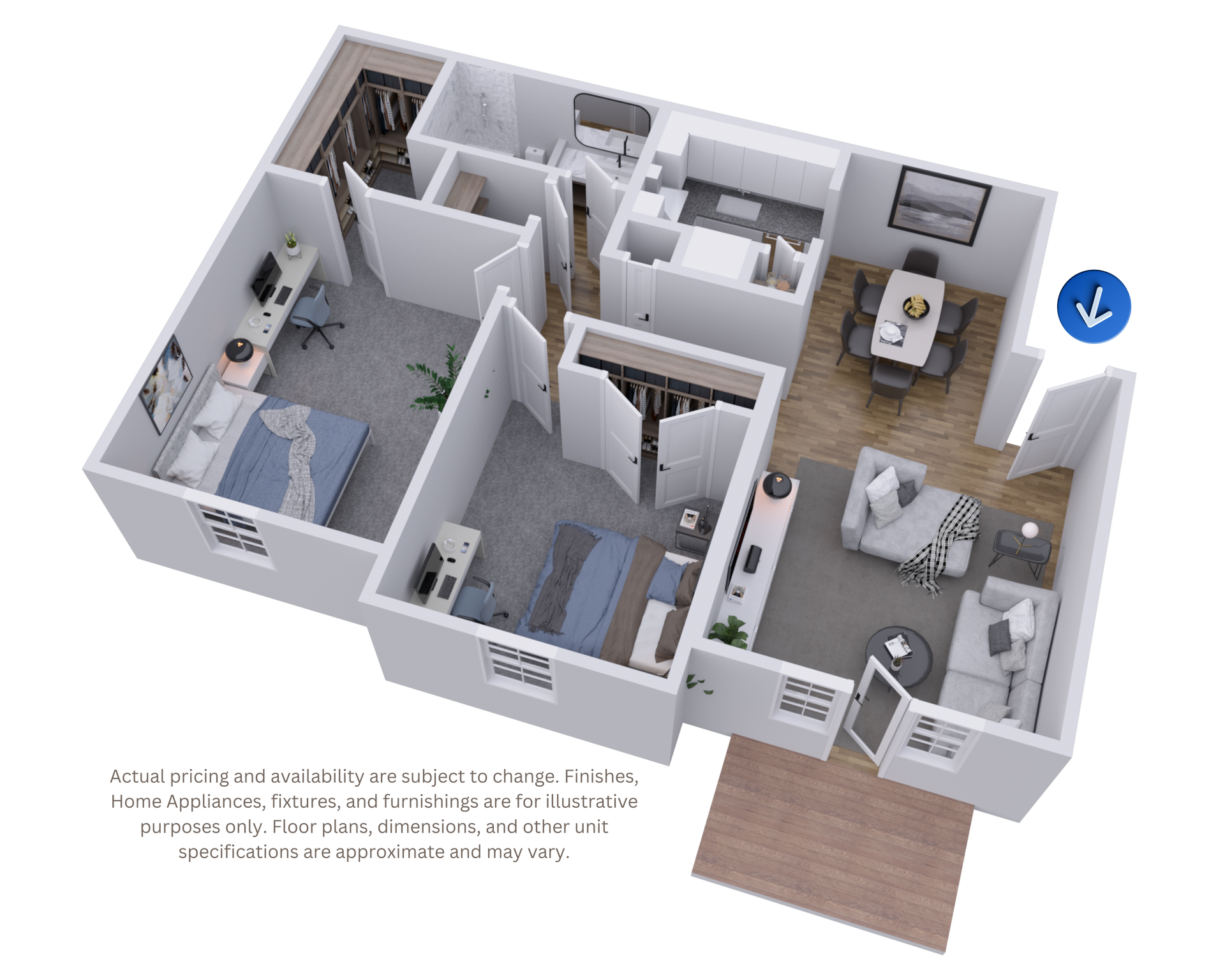3D floor plan of a modern apartment with bedrooms, kitchen, bathroom, living room, and balcony