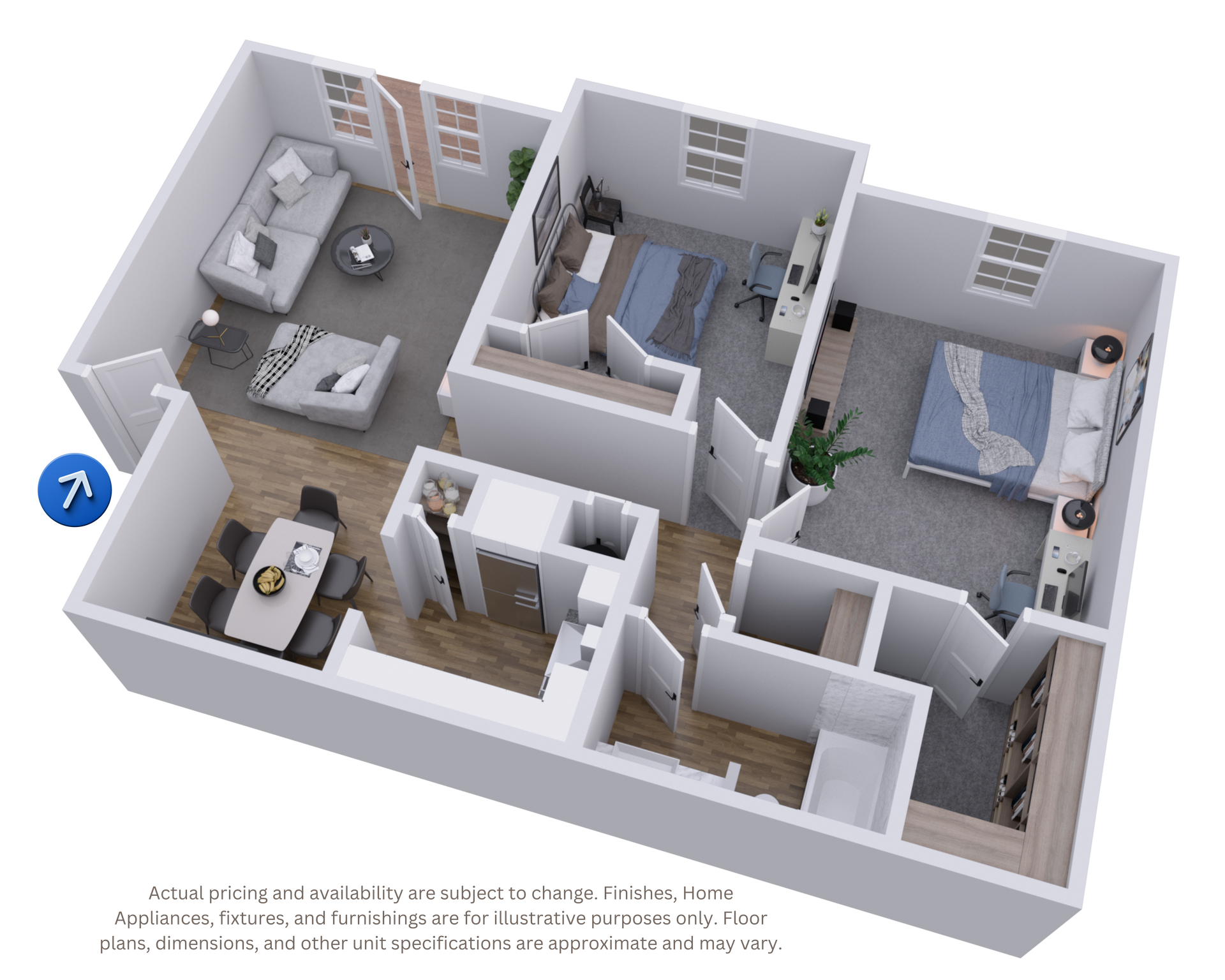 3D floor plan of a two-bedroom apartment with living room, kitchen, bathroom, and entry hallway