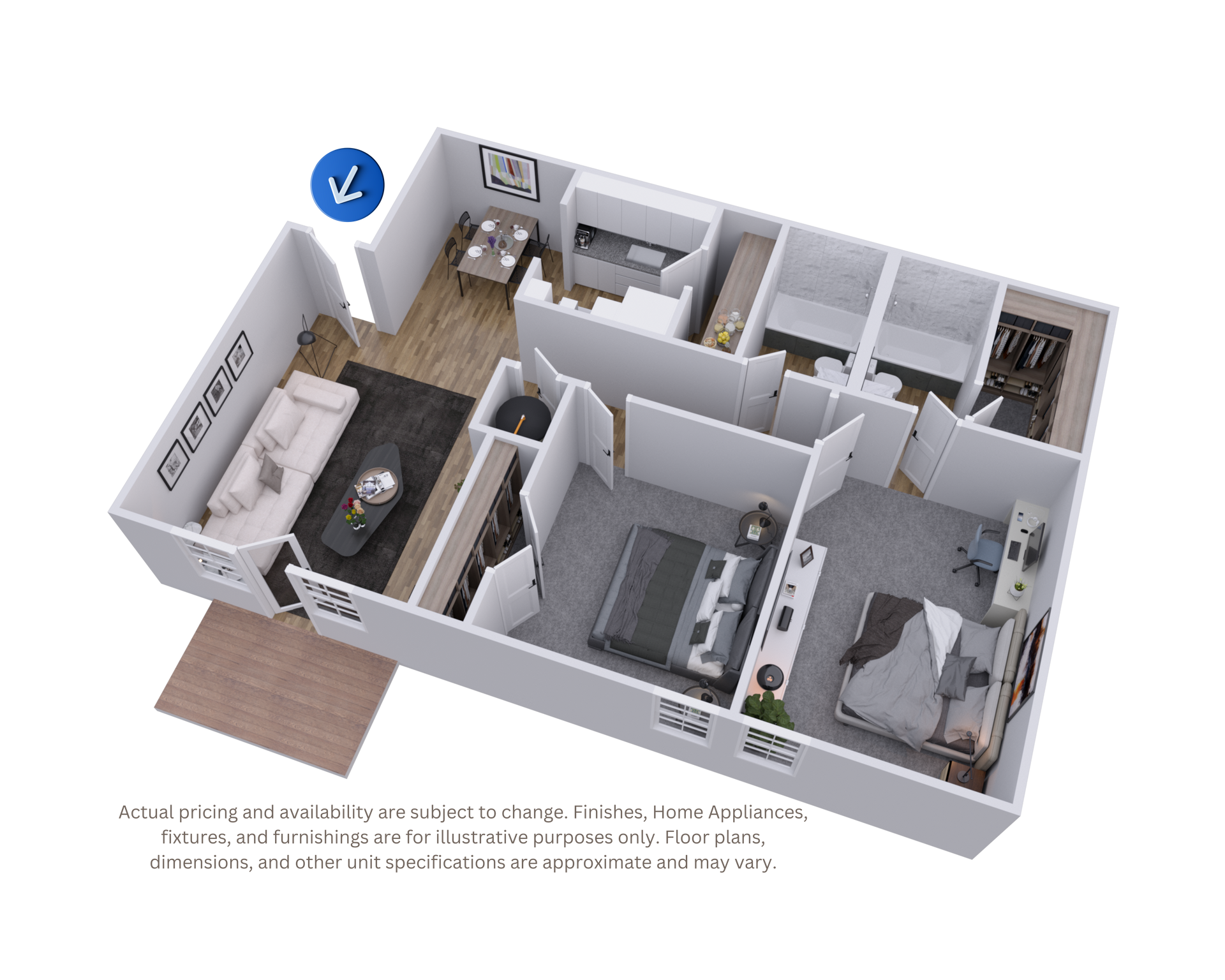 3D floor plan of a compact apartment with bedroom, kitchen, bath, and balcony area