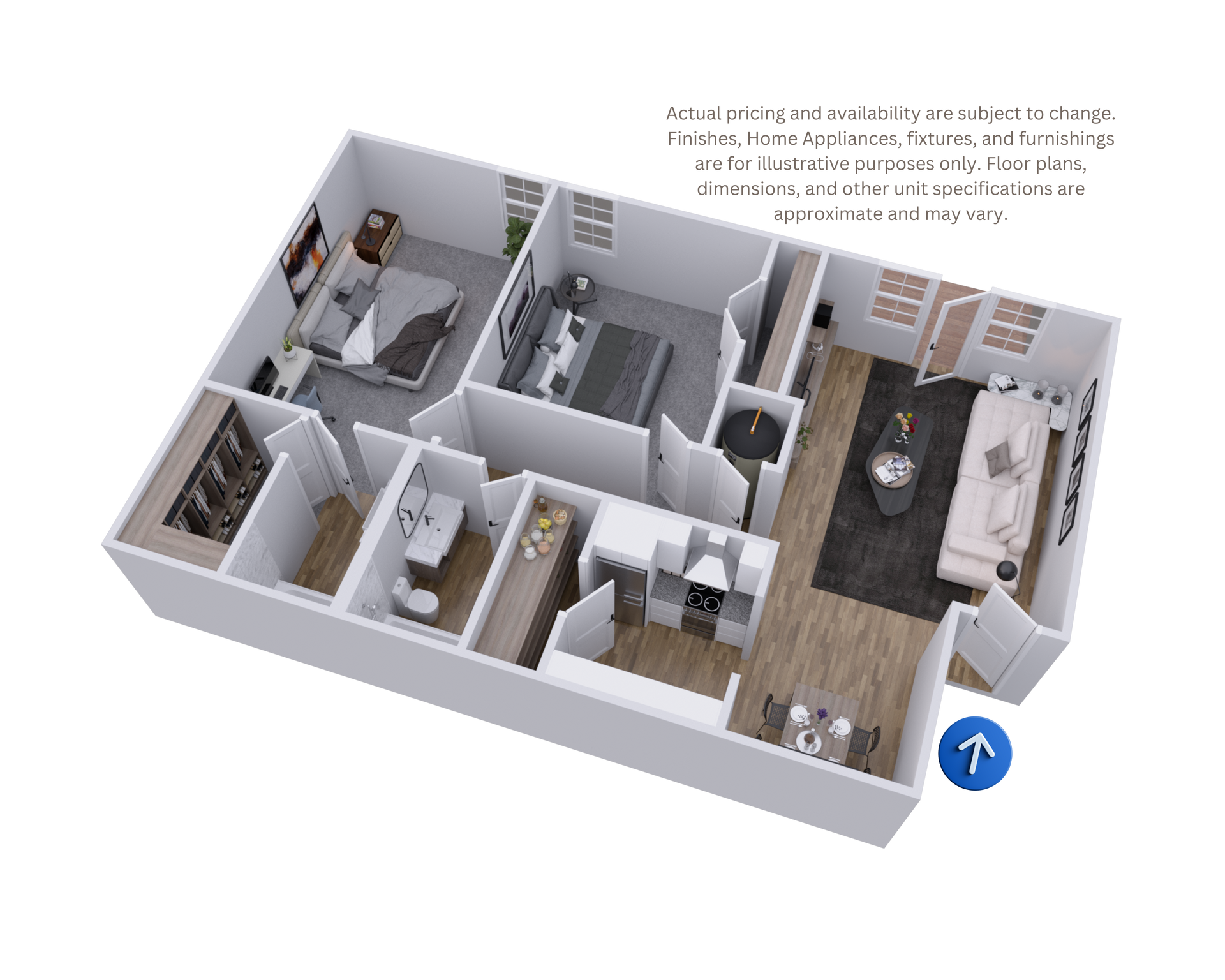 3D apartment floor plan with gray walls, furnished rooms, and a living room with sofa and table.