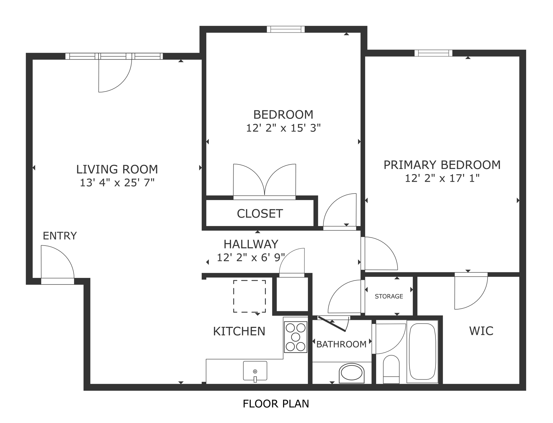 Black-and-white floor plan of a 2-bedroom apartment with living room, kitchen, hallway, bath, and walk-in closet