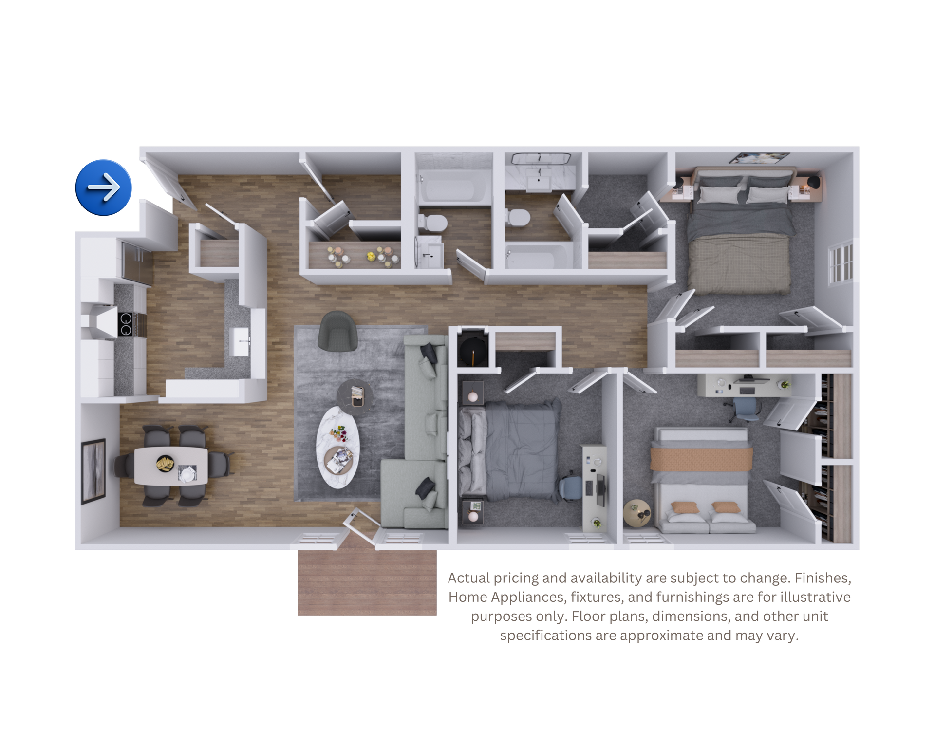 Black-and-white house floor plan with labeled rooms, doors, hallways, and bathrooms.