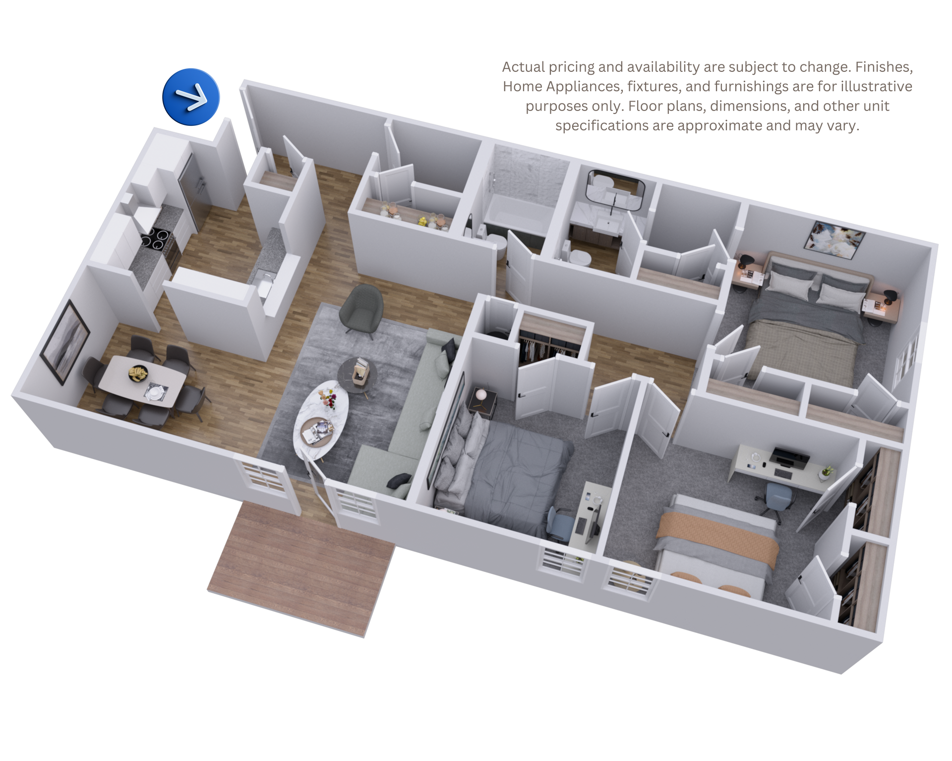 3D floor plan of a modern apartment with living room, kitchen, bedrooms, and bathroom in gray and white.