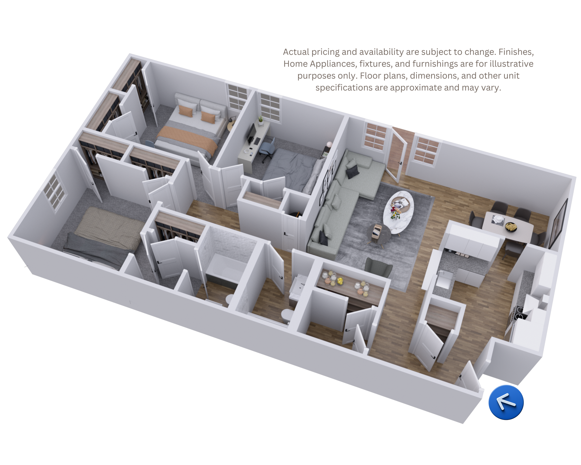 3D floor plan of a modern apartment with living room, kitchen, bedrooms, and bathrooms