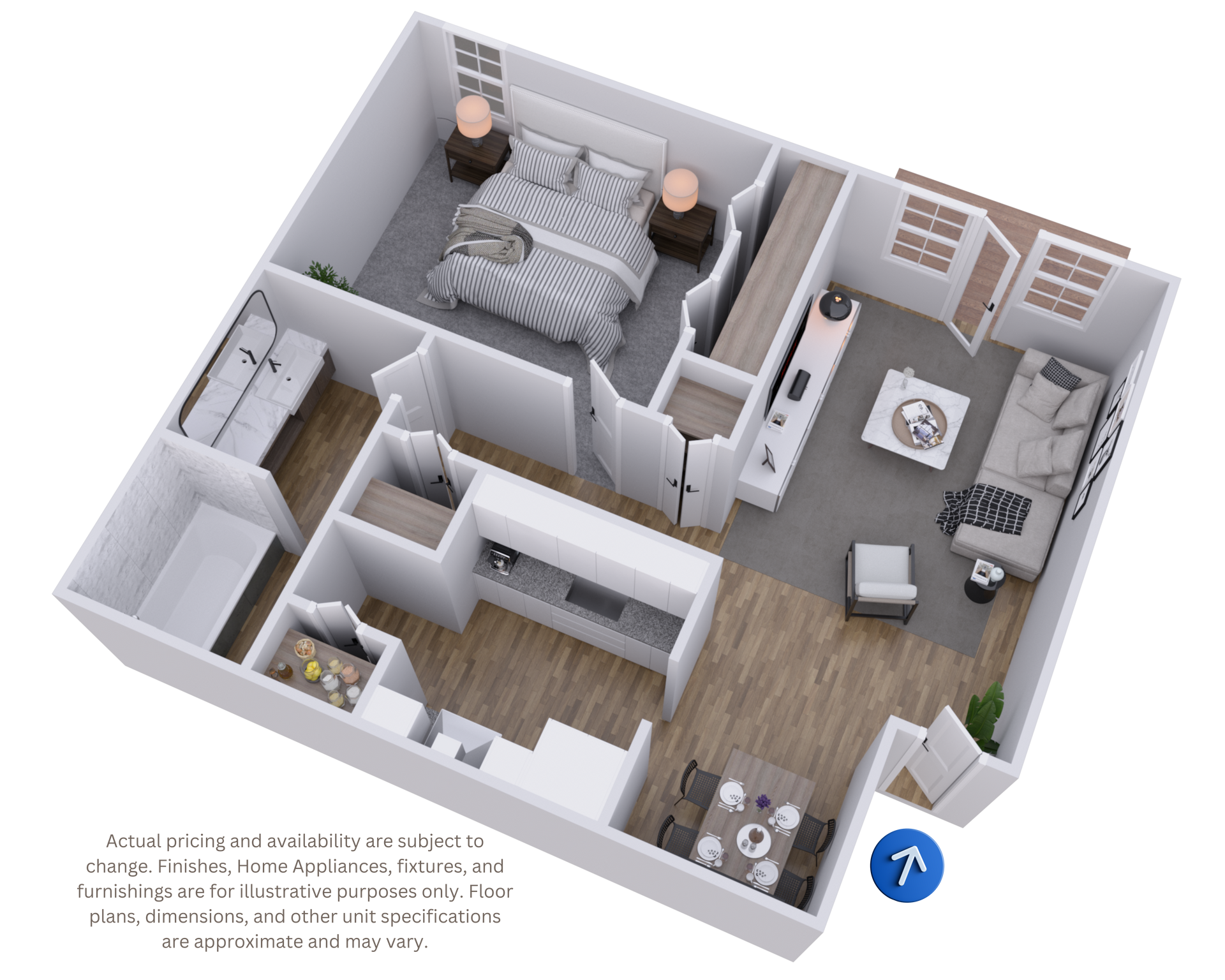 3D floor plan of a small apartment with bedroom, kitchen, living area, and bathroom in gray and wood tones