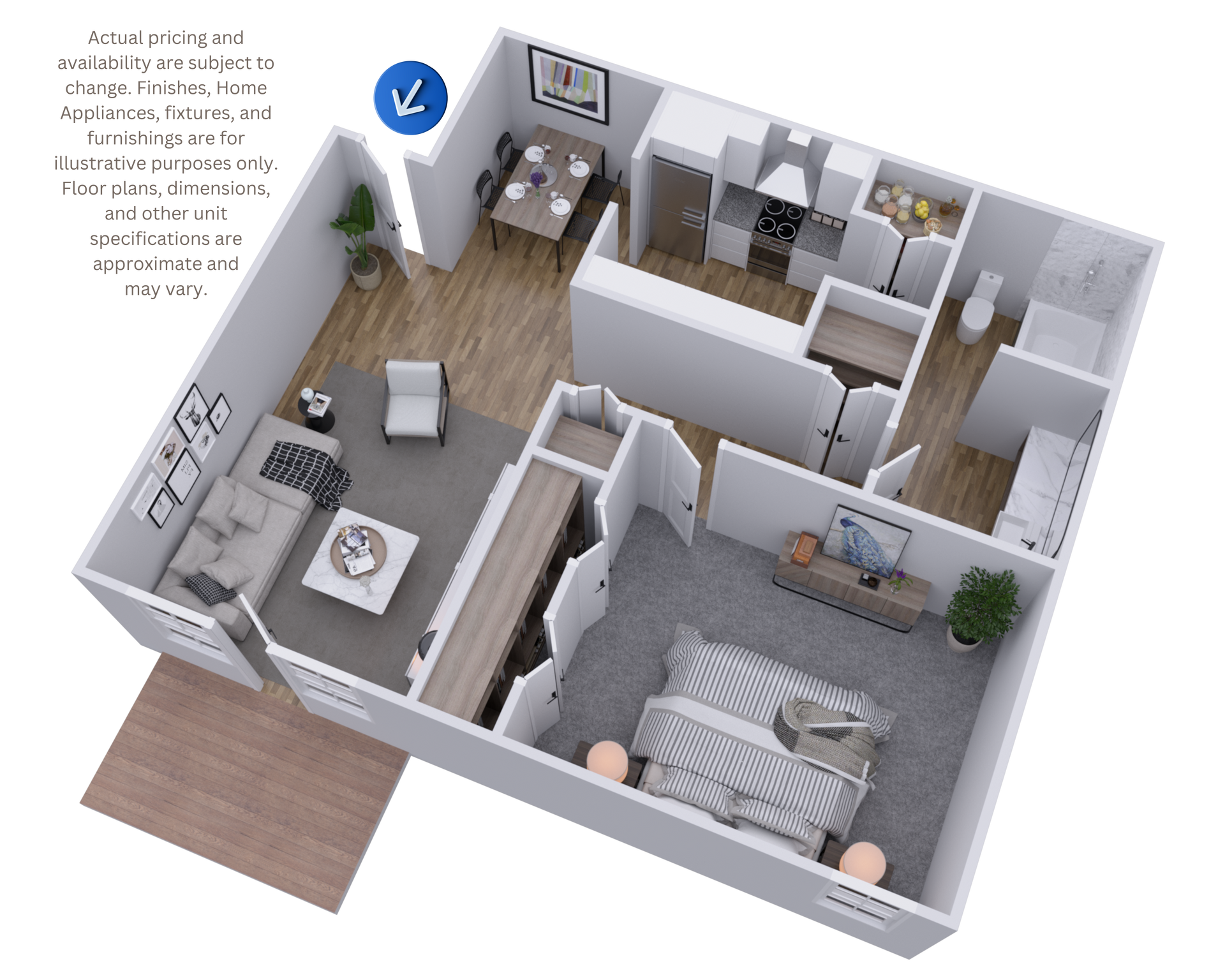 3D floor plan of a small apartment with living room, kitchen, bedroom, and bath shown in neutral tones