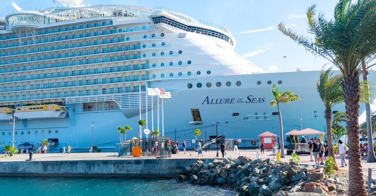 A large cruise ship is docked at a dock.