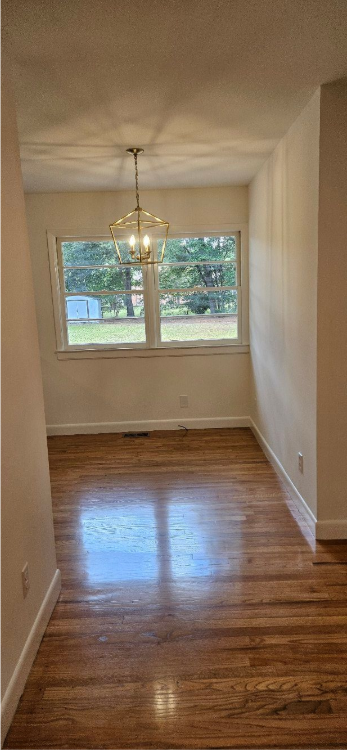 Empty room with wood floors, beige walls, a ceiling light, and a window overlooking greenery.