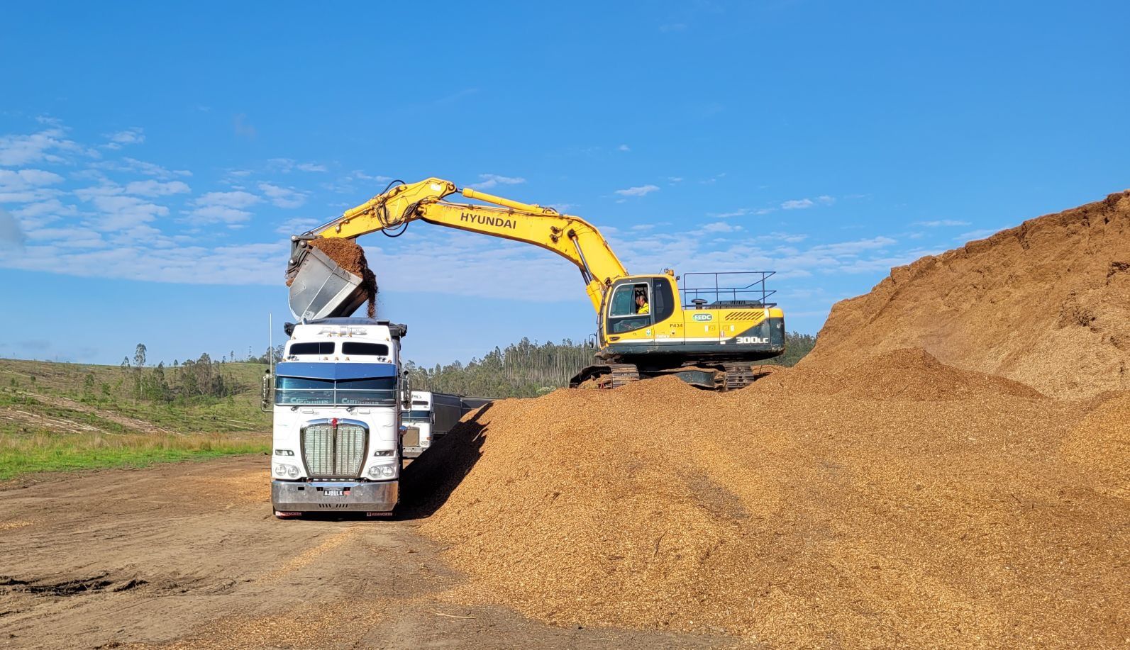 An Excavator is Loading a Truck With a Pile of Dirt — Andrew Johnston Haulage In Ewingsdale, NSW