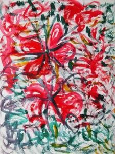 Dipinto astratto con pennellate circolari rosse, verdi e nere su sfondo bianco.