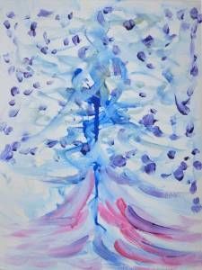 Dipinto astratto ad acquerello blu e rosa con una forma verticale centrale e forme sparse simili a petali.