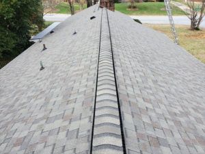 Roof shingles with a central ridge line and vents, viewed from above.