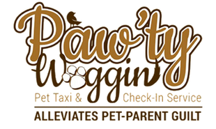 Logo for "Paw'ty Woggin'": brown cursive text with a bird, a paw print, and tagline "Pet Taxi & Check-In Service."