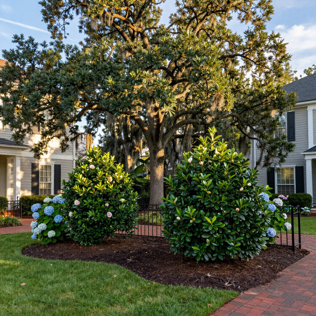 Two large, lush green shrubs with white and blue flowers sit in a mulch bed before a large tree and two suburban houses.