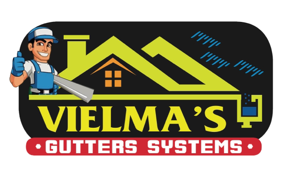 A logo for vielma 's gutters systems with a man on the roof