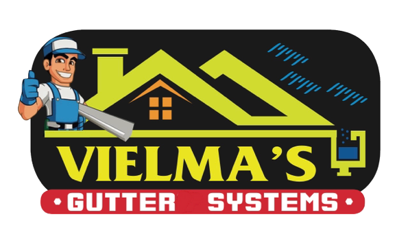 A logo for vielma 's gutters systems with a man on the roof