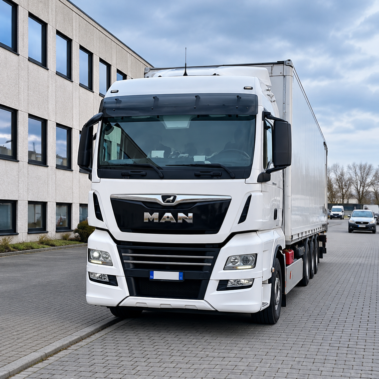 Camion furgonato MAN bianco parcheggiato accanto a un edificio su una strada asfaltata.
