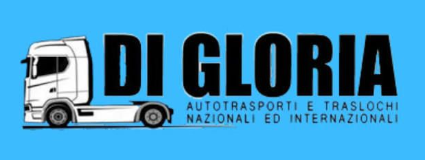 Logo di un camion bianco con la scritta in blu acceso “DI GLORIA” e, in caratteri più piccoli, lo slogan del servizio di spedizione.