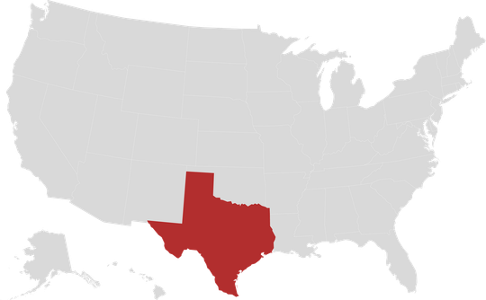 Map of the United States with Texas highlighted in red.