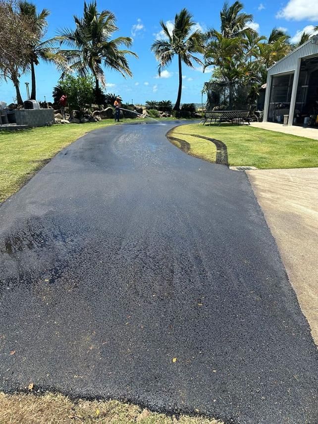 A Driveway Leading To A House With Palm Trees On The Side — Elite Bitumen & Asphalt In Sarina, QLD