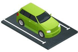 Green car parked in a designated parking space with white lines.